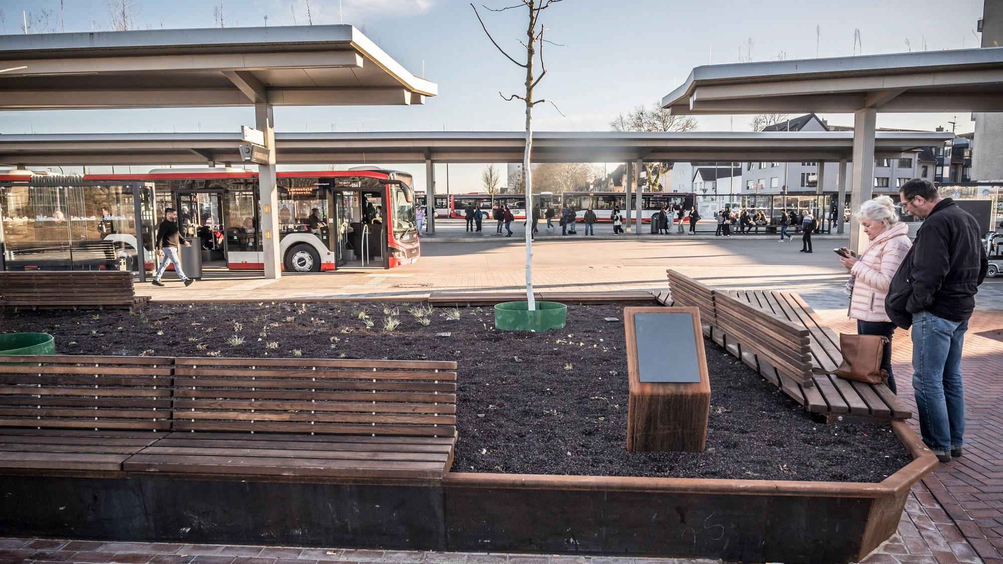 Der Bruno-Wiefel-Platz am Nordende des Busbahnhofs soll mit Bänken und schattenspendenden Bäumen zum Verweilen einladen.