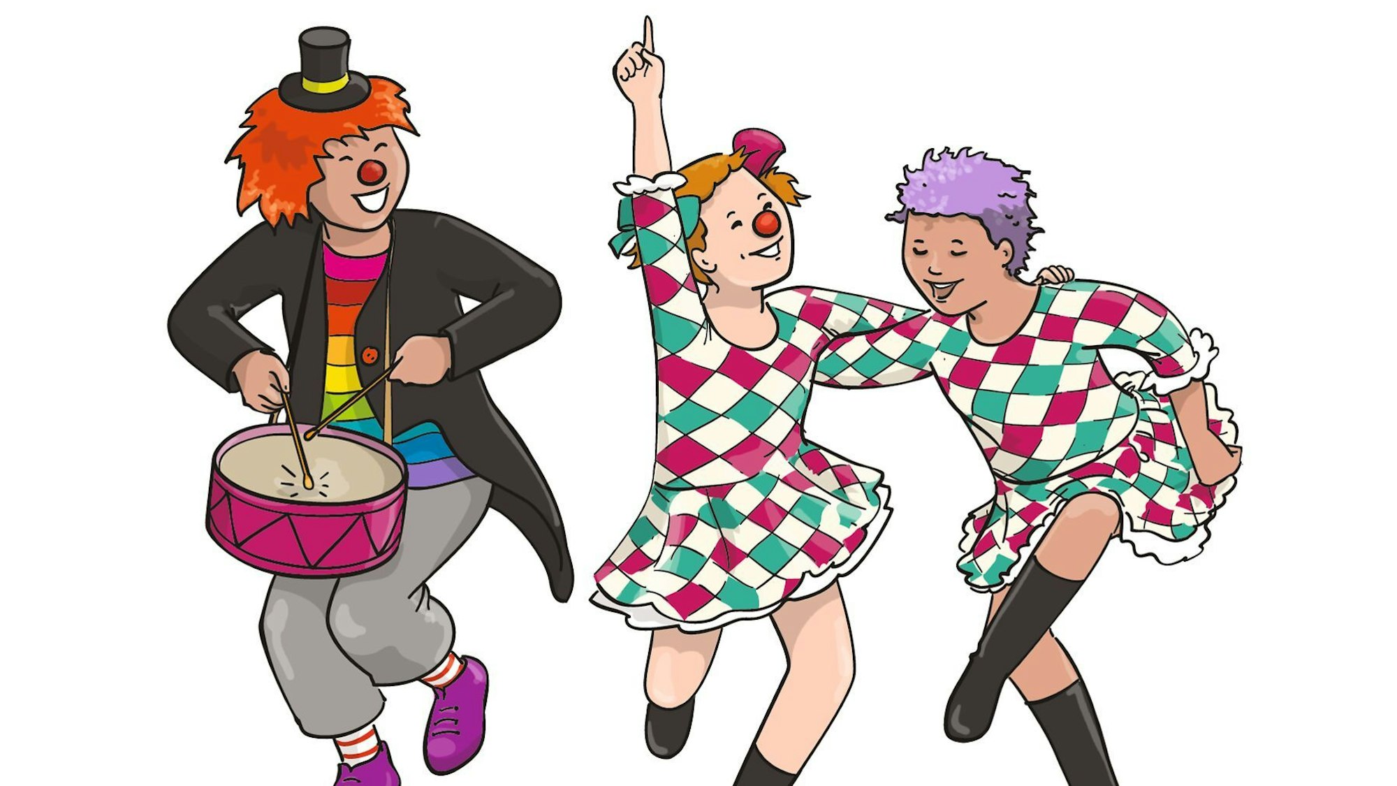Auf der Illustration von Dorothee Wolters sind drei Kinder zu sehen, eines ist als Clown verkleidet und trägt eine Trommel, zwei Mädchen tragen ein Harlekin-Kleid.