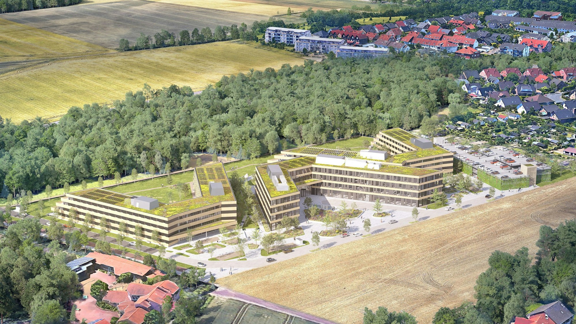 Das Bild ist eine Visualisierung und zeigt den Ville-Campus, der in Erftstadt gebaut werden soll.