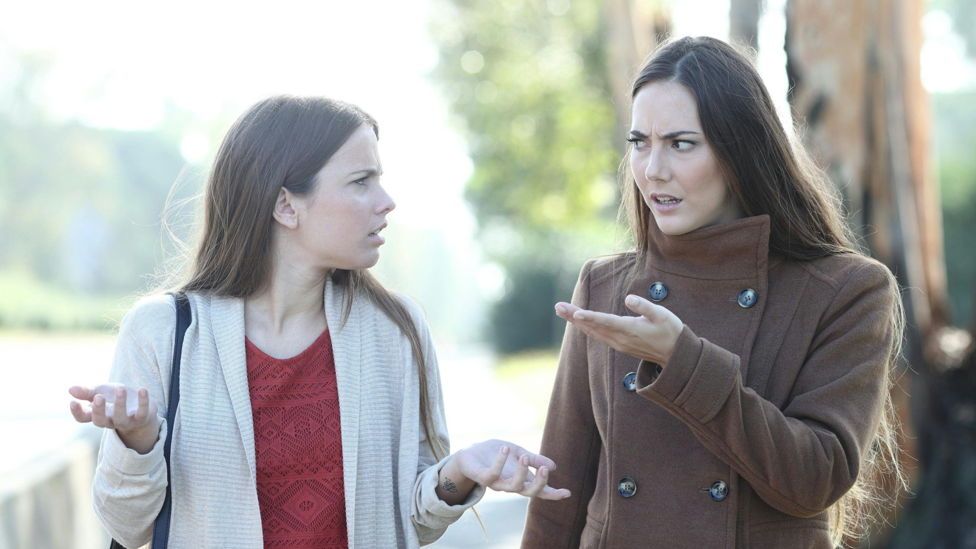 Zwei Frauen diskutieren, während sie durch einen Park spazieren