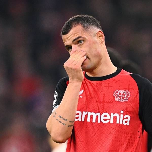 05.03.2025, Bayern, München: Fußball, Champions League, FC Bayern München - Bayer Leverkusen, Achtelfinale, Hinspiel, Allianz Arena, Leverkusens Granit Xhaka reagiert enttäuscht. Foto: Tom Weller/dpa +++ dpa-Bildfunk +++