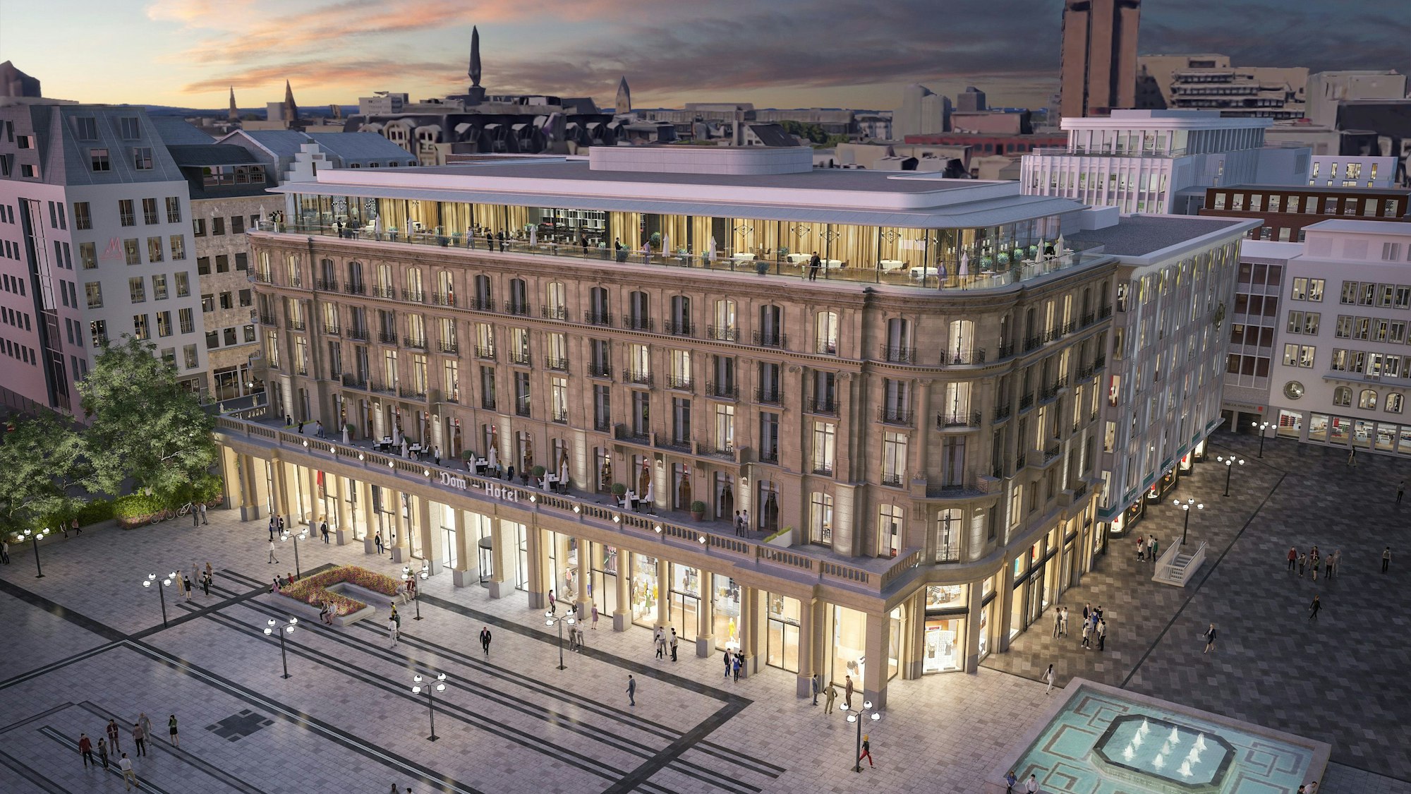 Die Visualisierung des Dom-Hotels zeigt auch die neue Dachterrasse.