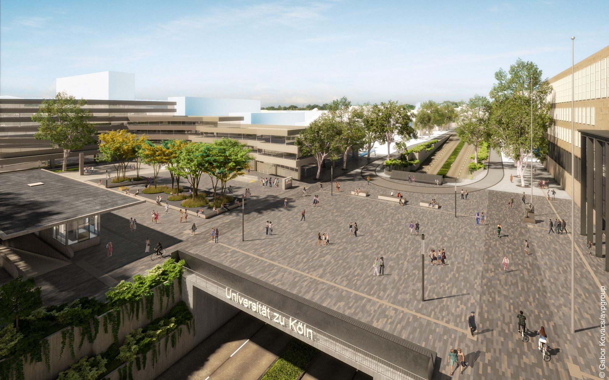 So soll der Albertus-Magnus-Platz Ende 2026 aussehen: Eine große gepflasterte Fläche, im hinteren Bereich Sitzflächen mit einigen Bäumen daneben.