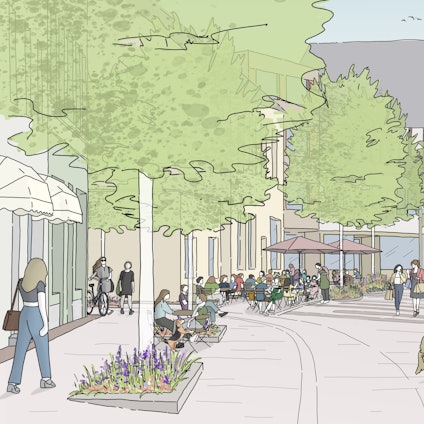 Entwurf die Gestaltung einer Fußgängerzone, rechts und links Häuser.