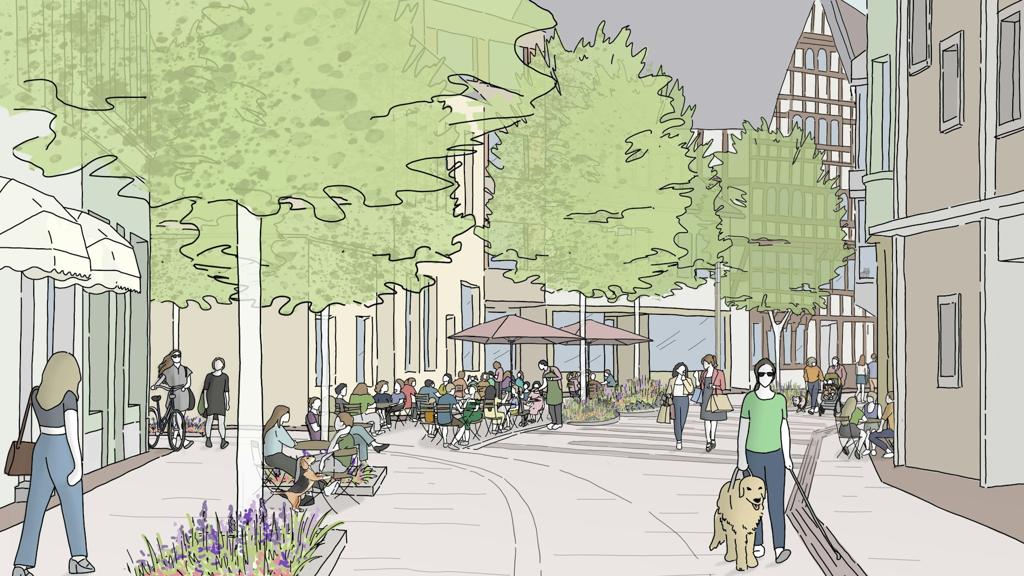 Entwurf die Gestaltung einer Fußgängerzone, rechts und links Häuser.