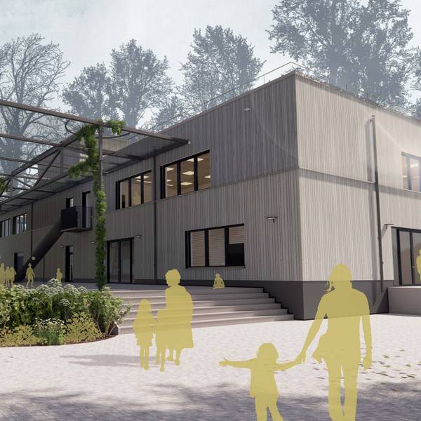 Visualisierung einer neuen Grundschule aus Holz. Davor eine begrünte Pergola.