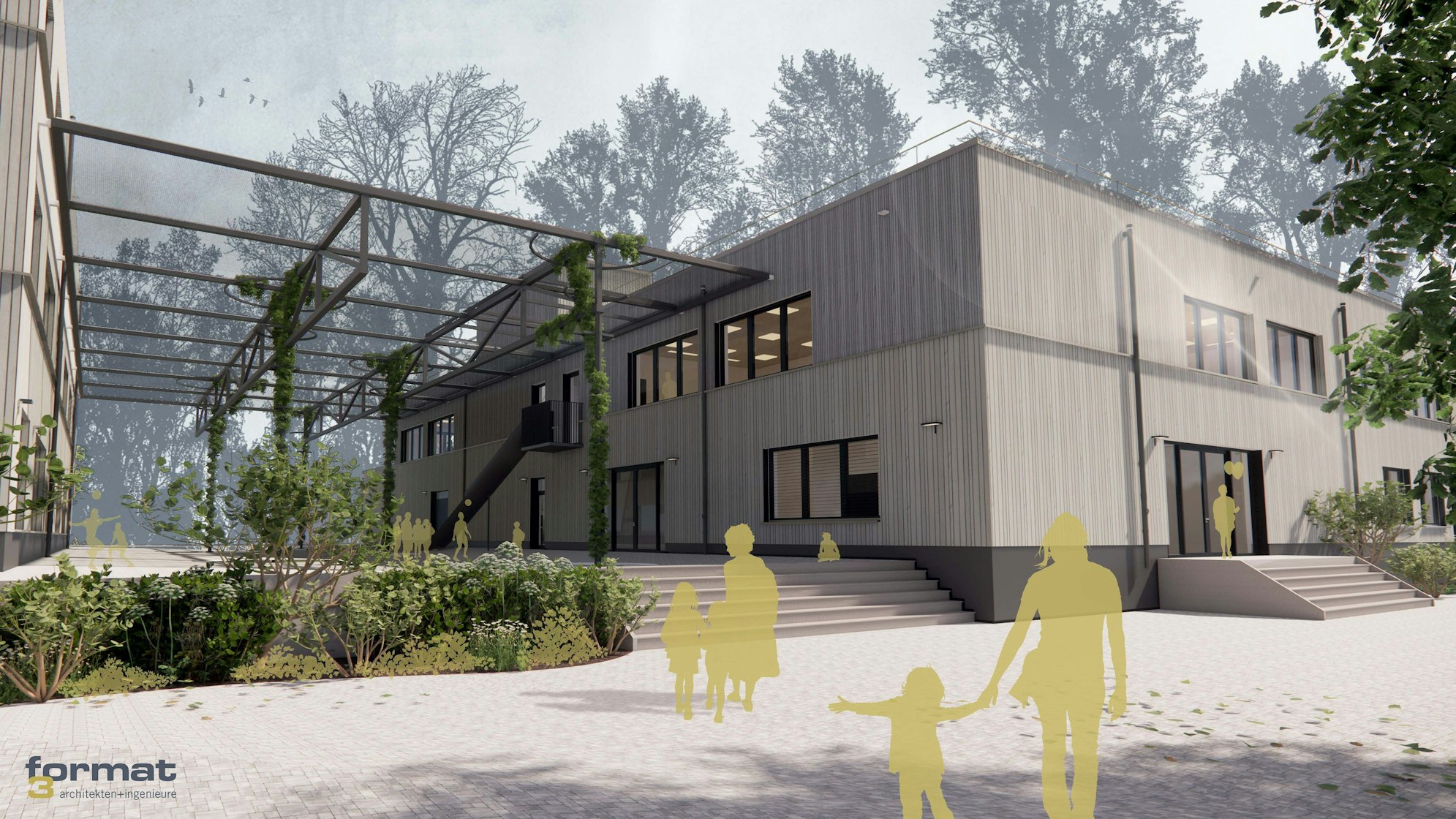 Visualisierung einer neuen Grundschule aus Holz. Davor eine begrünte Pergola.