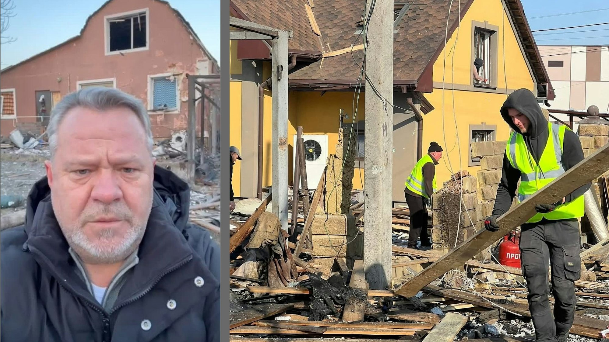 Butschas Bürgeremeister Anatolii Fedoruk steht vor einem zerstörten Haus in Butscha. Menschen versuchen, ein anderes bei einem russischen Luftangriff zerstörtes Haus wieder aufzubauen.