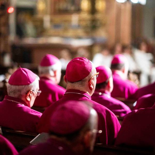 Eine Reihe Bischöfe sitzen in Kirchenbänken.