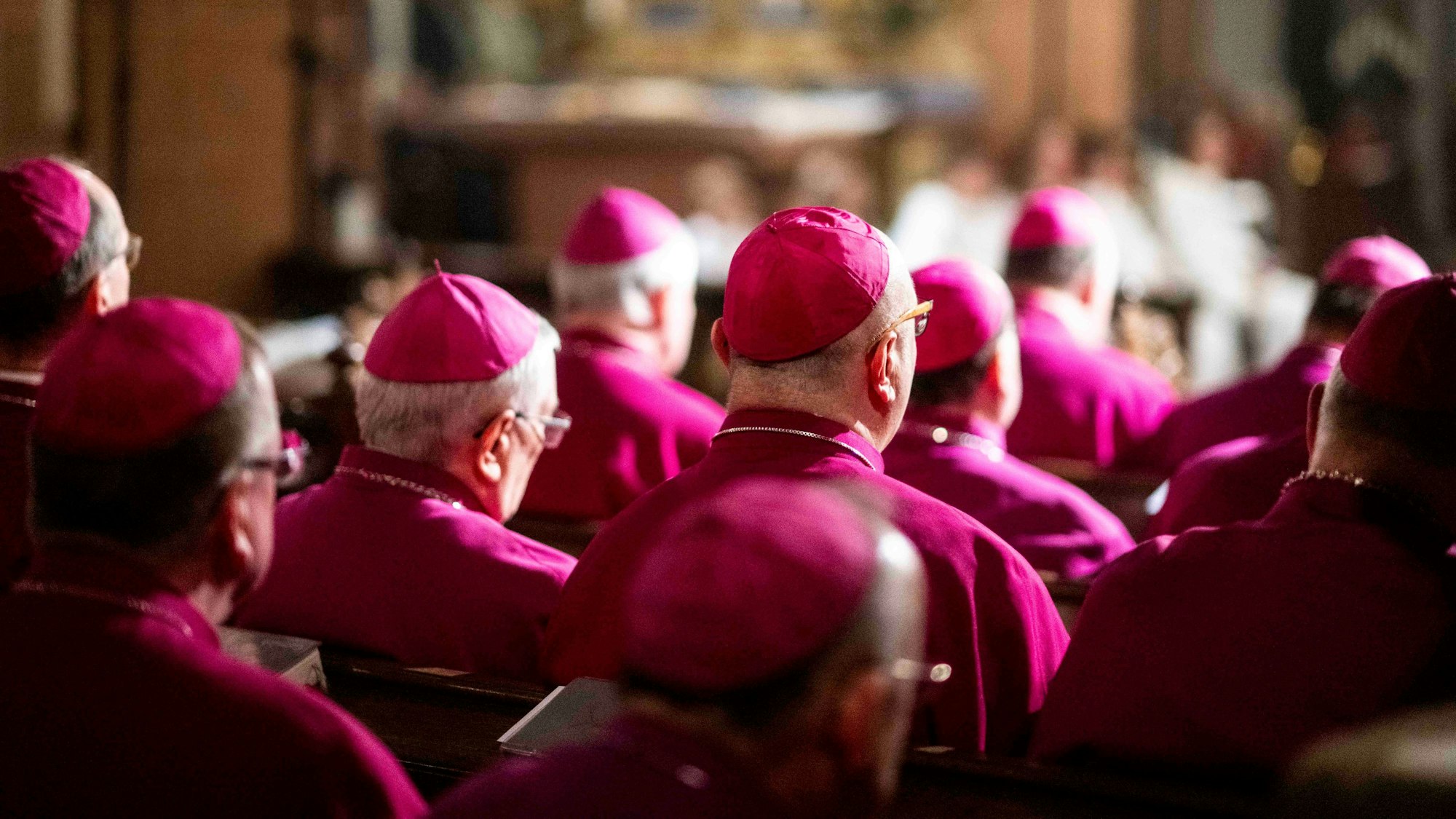 Eine Reihe Bischöfe sitzen in Kirchenbänken.
