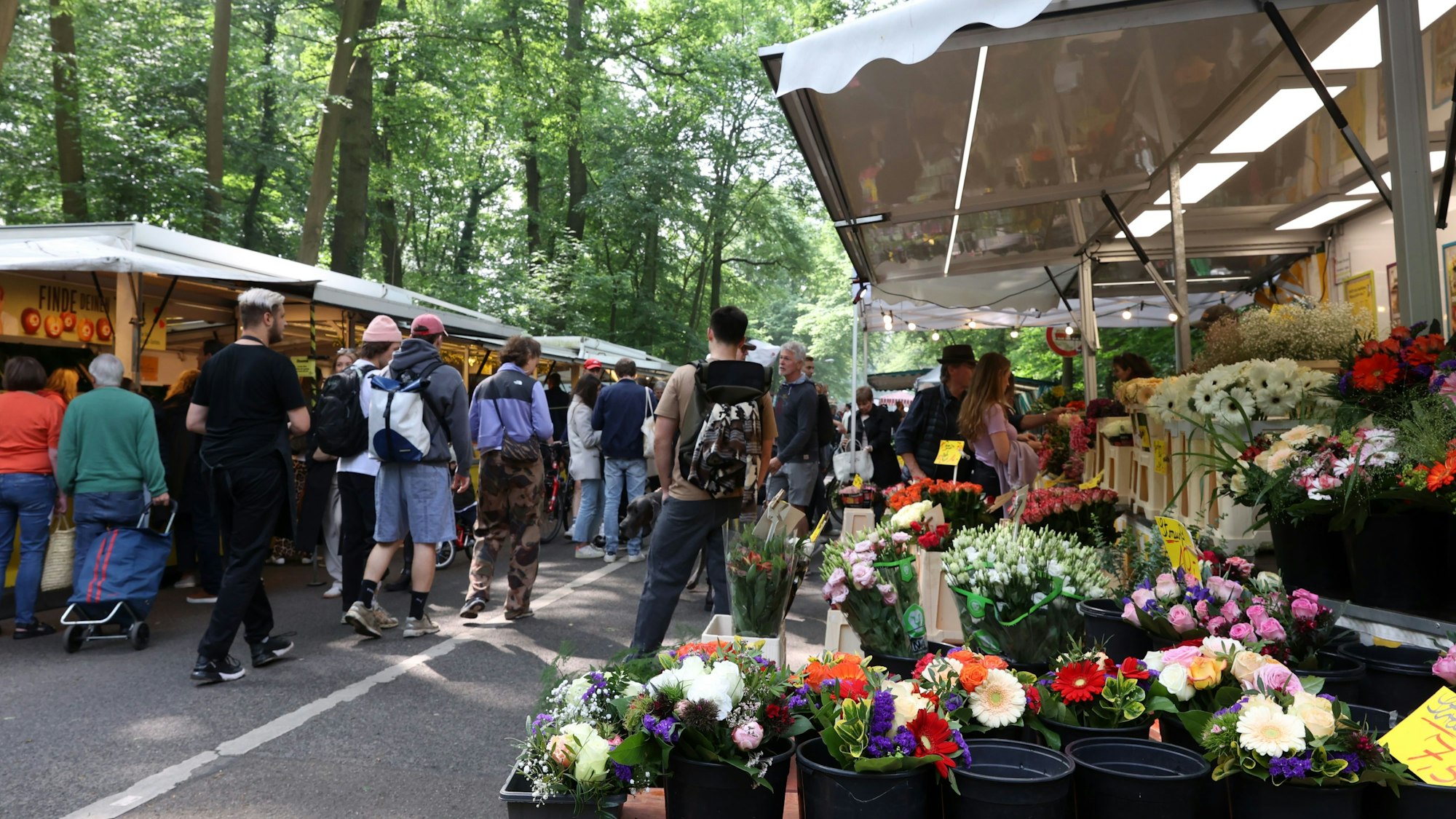 Der Braunsfelder Wochenmarkt auf der Kitschburger Straße  im Stadtwald 2024 (findet jeden Samstag statt).