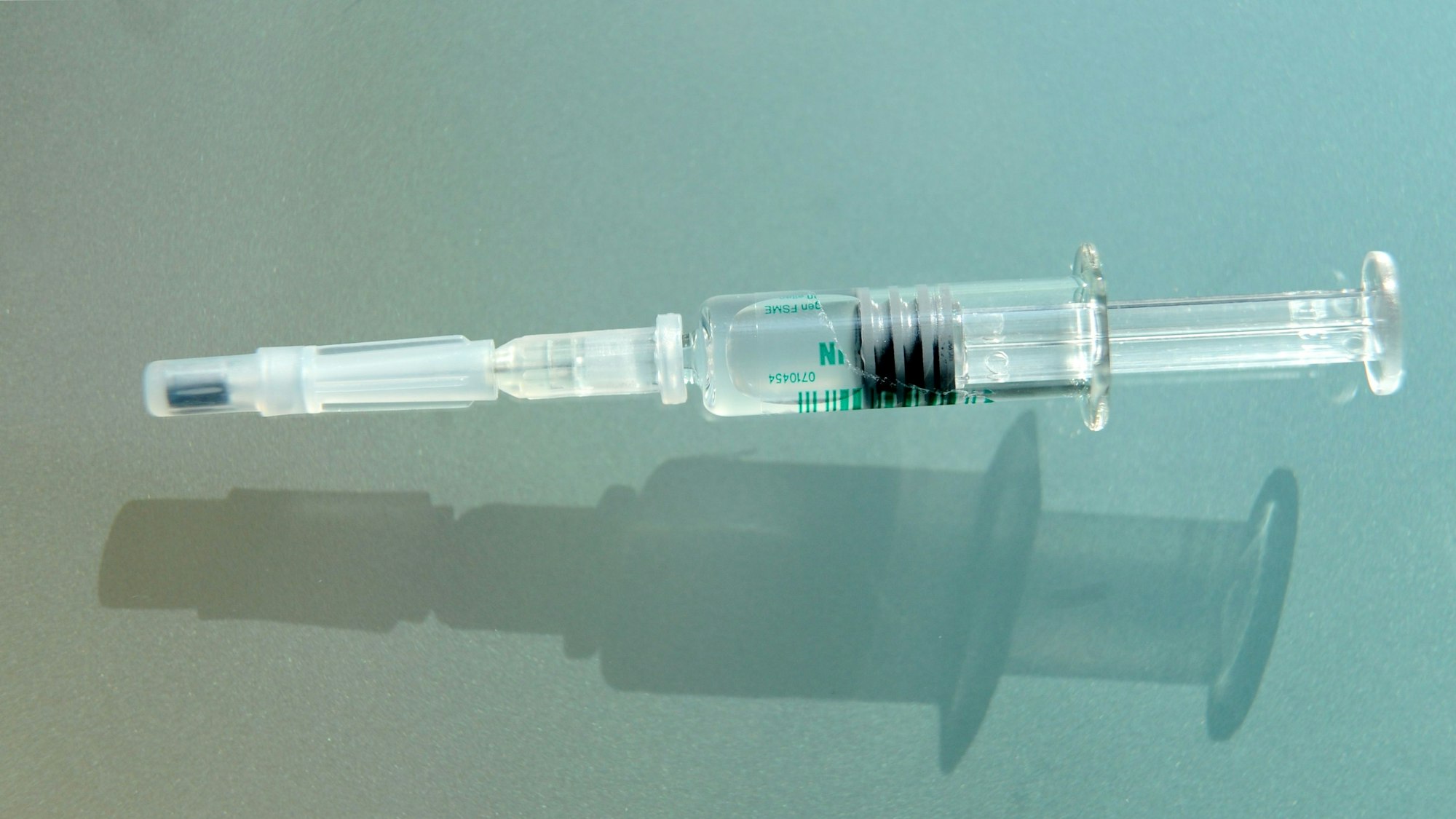 Eine Spritze mit dem Impfstoff gegen Frühsommer-Meningoenzephalitis (FSME), liegt auf einem Glastisch. (Archivbild)