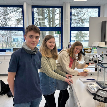 Ein Junge und zwei Mädchen stehen in einem Labor, in dem ein Behälter, eine Waage und ein Mikroskop stehen.