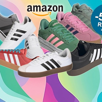 Anordnung verschiedener adidas Sneaker-Modelle vor einem bunten Hintergrund mit Muster.