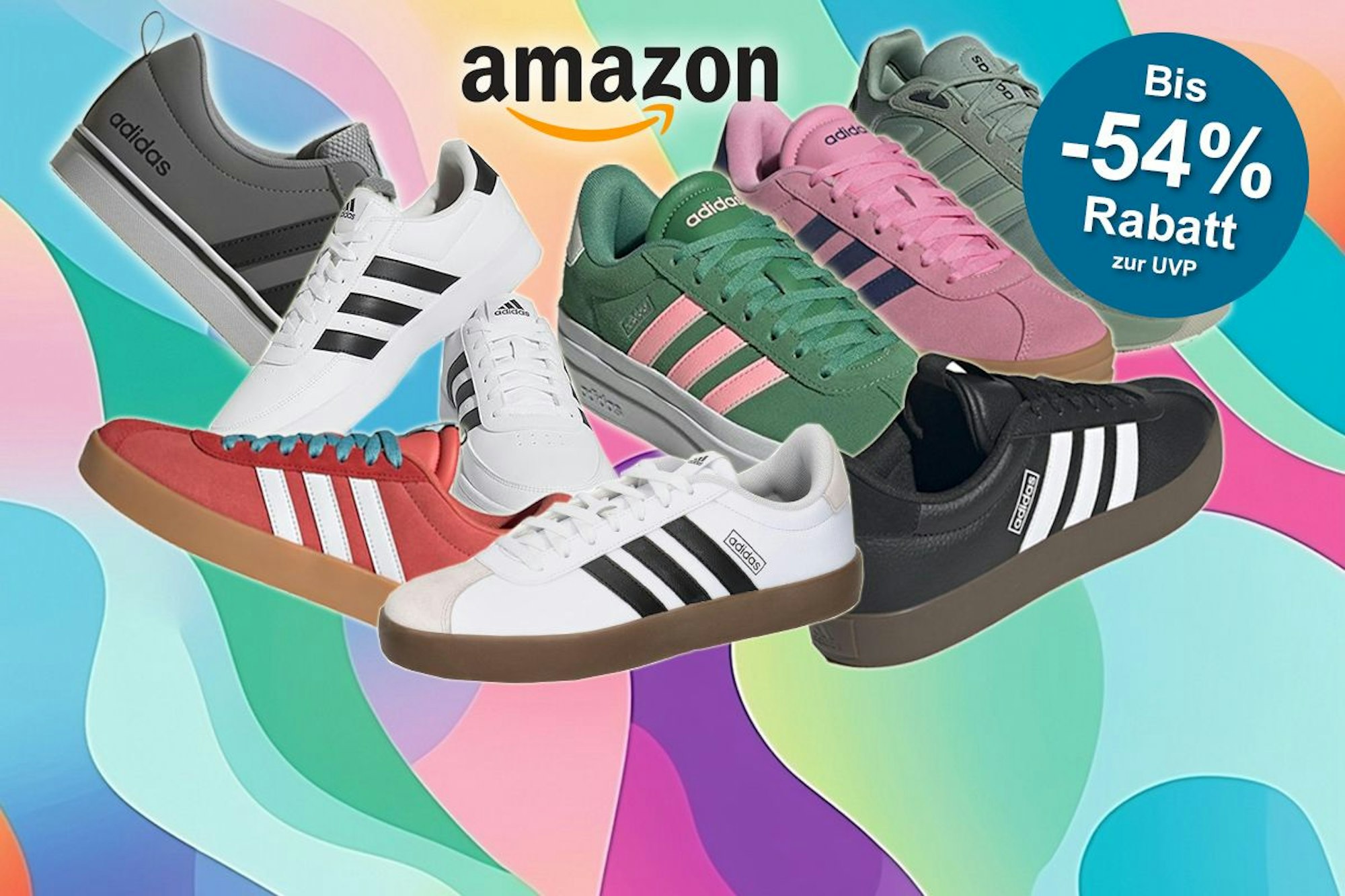 Anordnung verschiedener adidas Sneaker-Modelle vor einem bunten Hintergrund mit Muster.