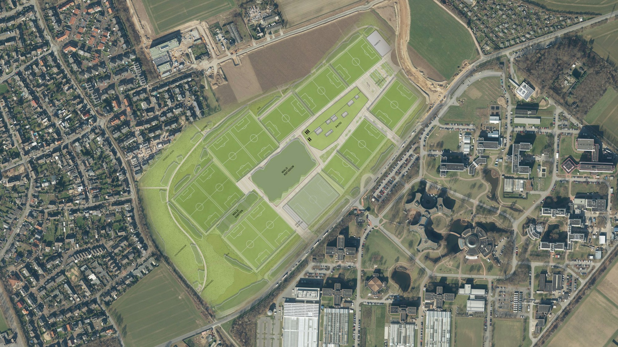 So will Bayer-04 sein Profitrainingszentrum anlegen. Links liegt Monheim, rechts Bayer Crop Science.