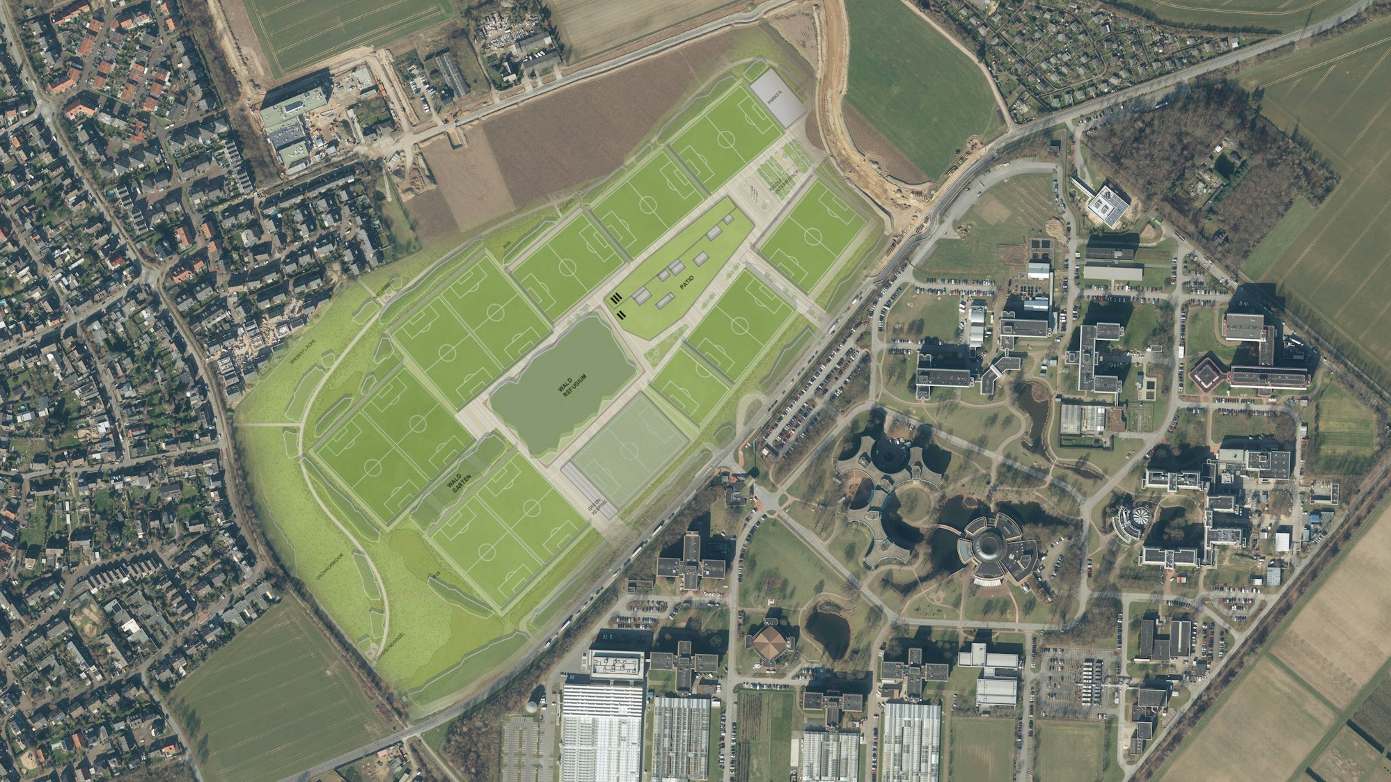So könnte das Bayer-04-Profitrainingszentrum gebaut werden. Links liegt Monheim, rechts Bayer Crop Science
