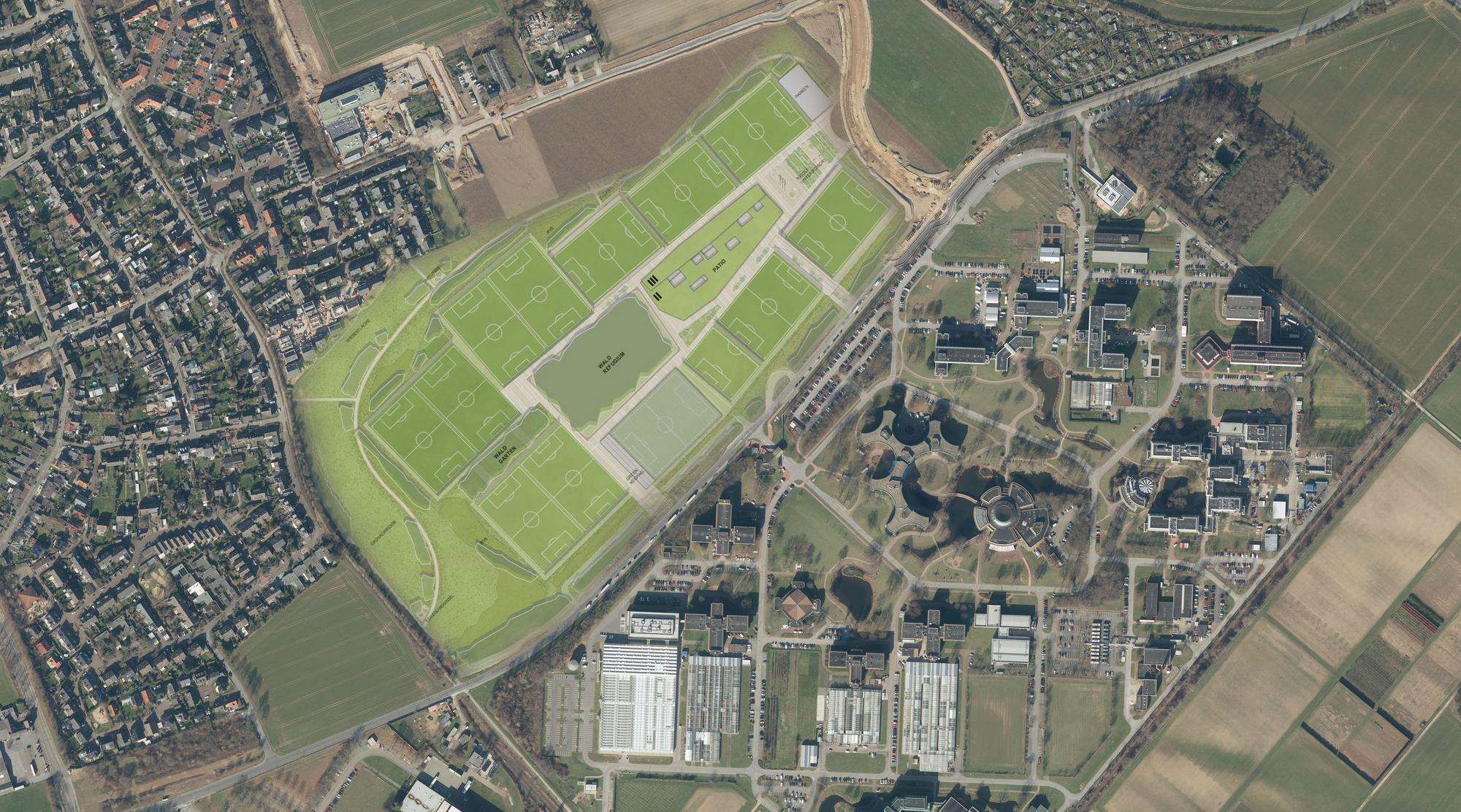So könnte das Bayer-04-Profitrainingszentrum gebaut werden. Links liegt Monheim, rechts Bayer Crop Science