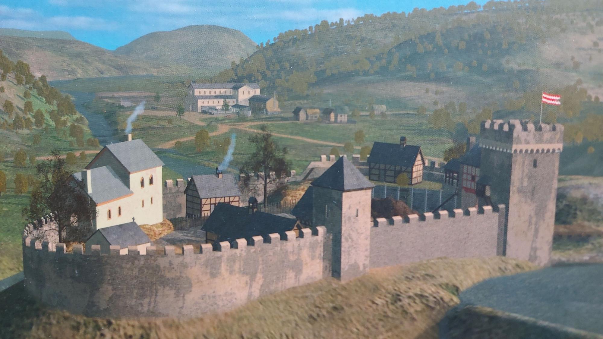Eine Burg mit Festungsmauer.