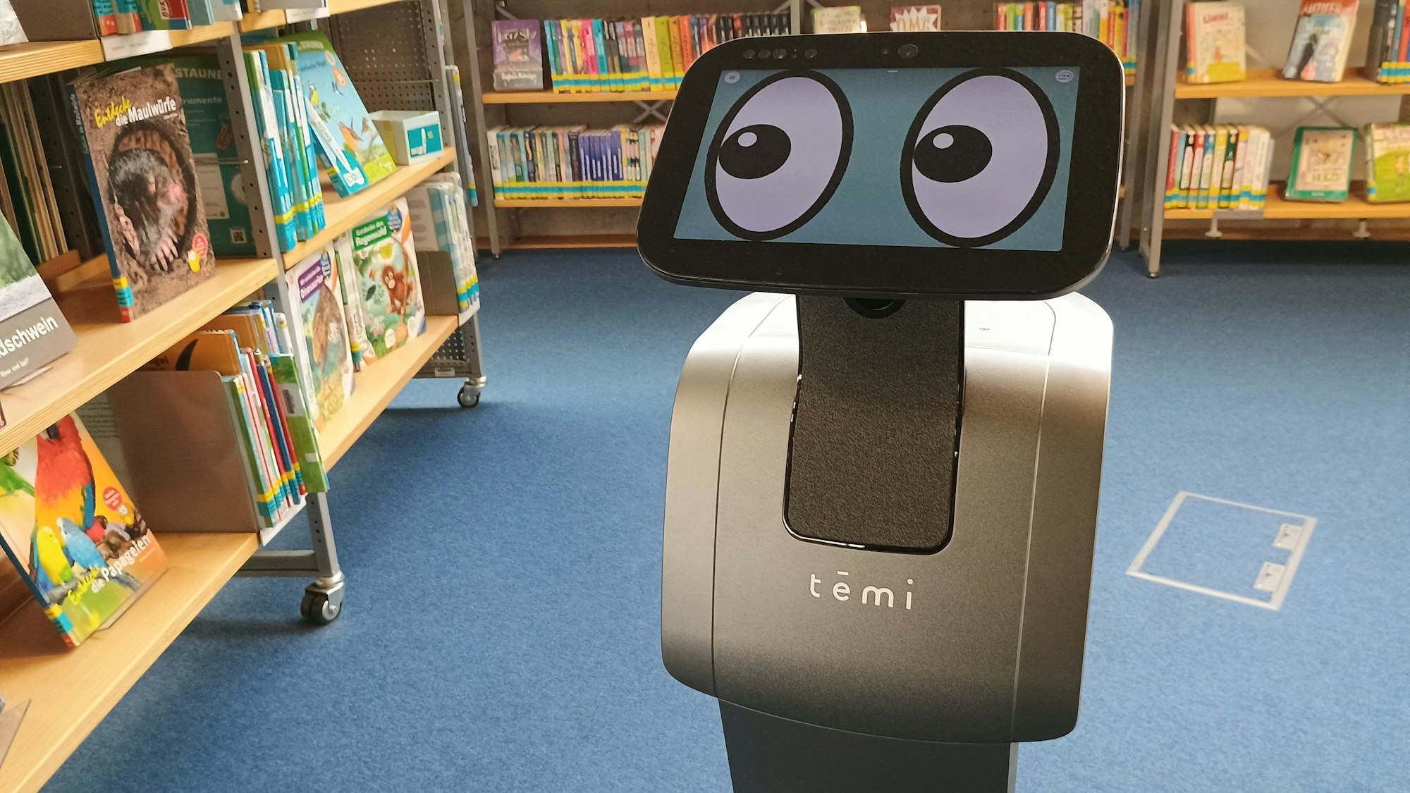 Auf dem Bild ist der kleine Roboter mit Glubschaugen zu sehen, neben ihm ein Regal mit Büchern.