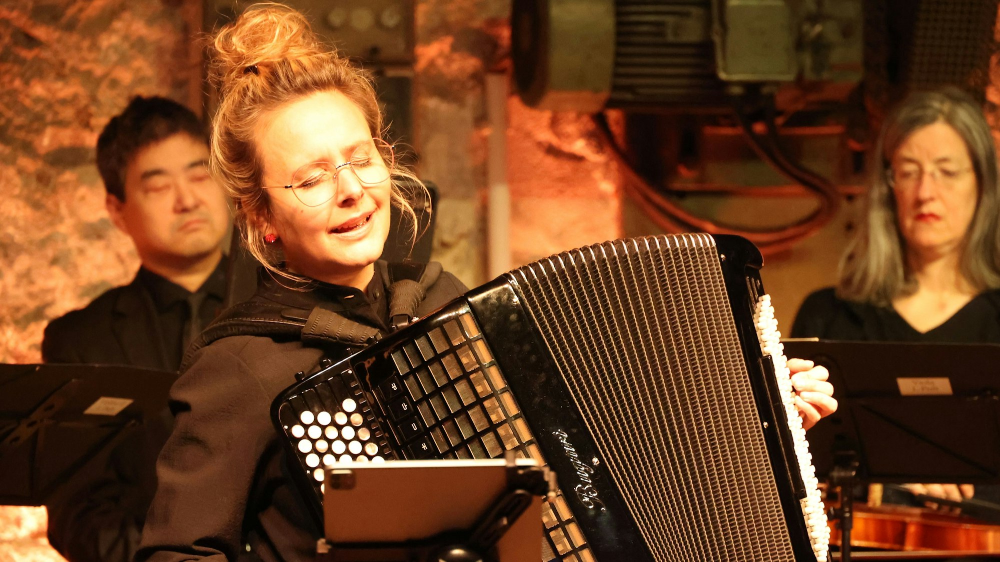 Eine Akkordeonspielerin während eines Konzerts