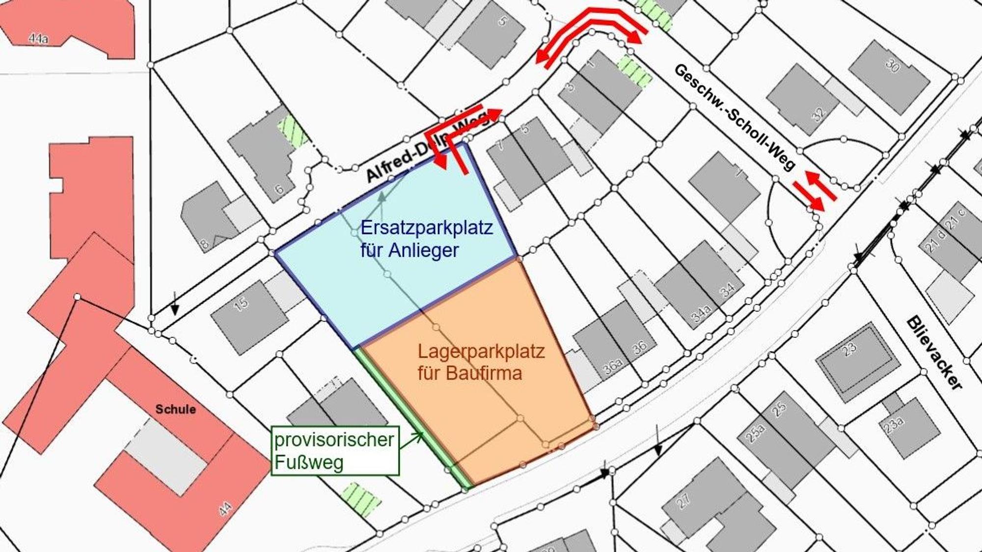 Eine Straßenskizze mit roten Pfeilen, die zu einem Ersatzparkplatz führen.