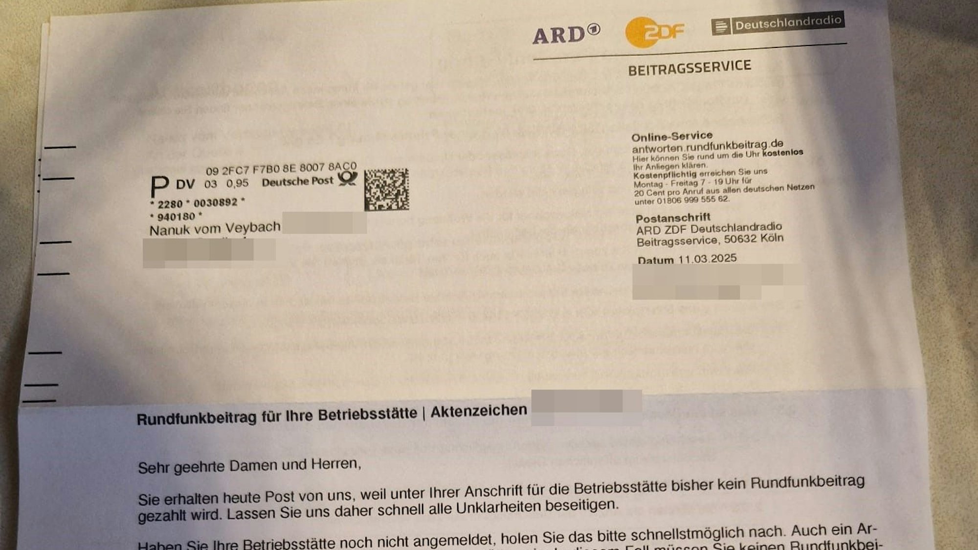 Das Schreiben der Beitragsstelle von ARD, ZDF und Deutschlandradio trägt die Anschrift von Jagdhund Nanuk vom Veybach und seinem Herrchen.