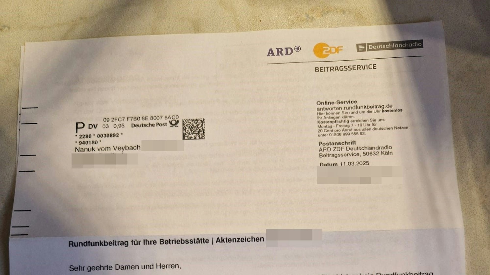 Das erste Schreiben der Beitragsservicestelle an Nanuk vom Veybach.