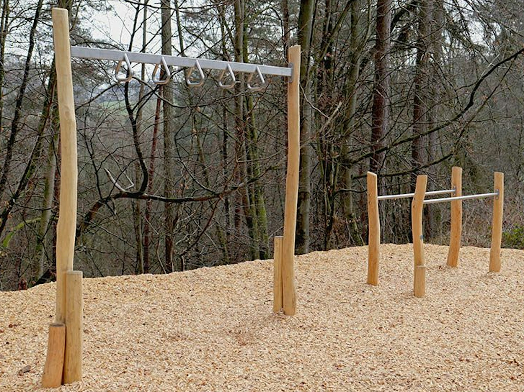 Zwei Trimm-dich-Geräte stehen im Wald