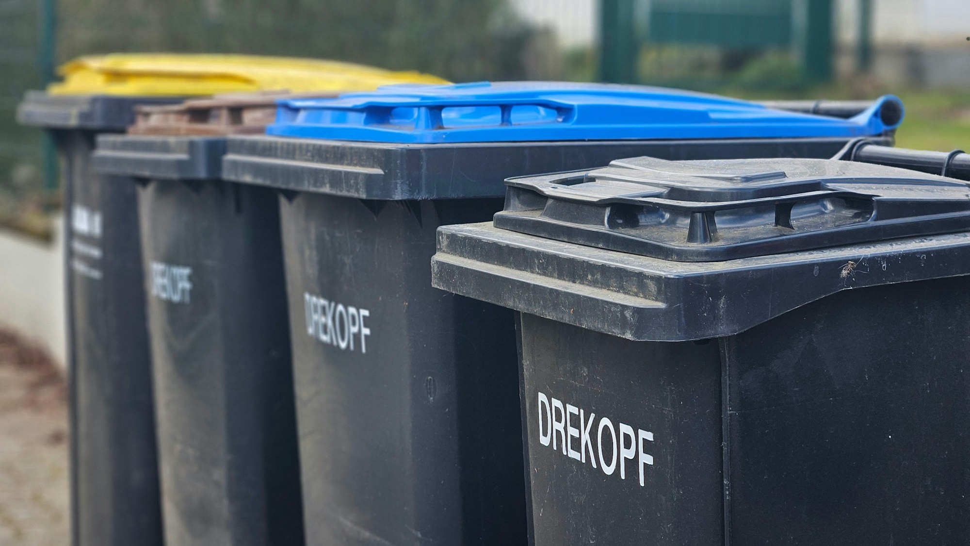 Mülltonnen stehen vor einem Grundstück.