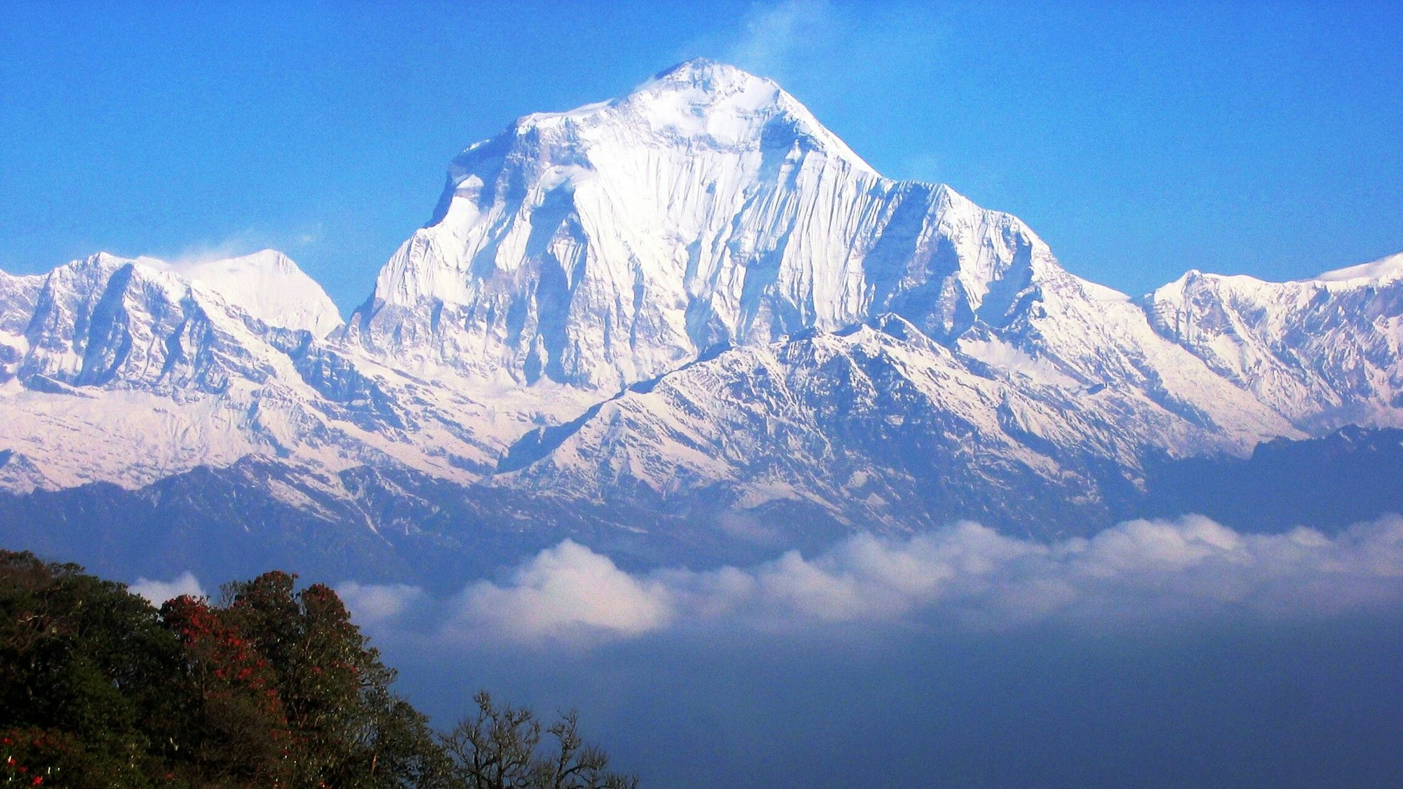 Der gewaltige Gipfel des Dhaulagiri I ragt imposant über den Wolken, seine eisigen Flanken erzählen von unzähligen Herausforderungen für Bergsteiger.