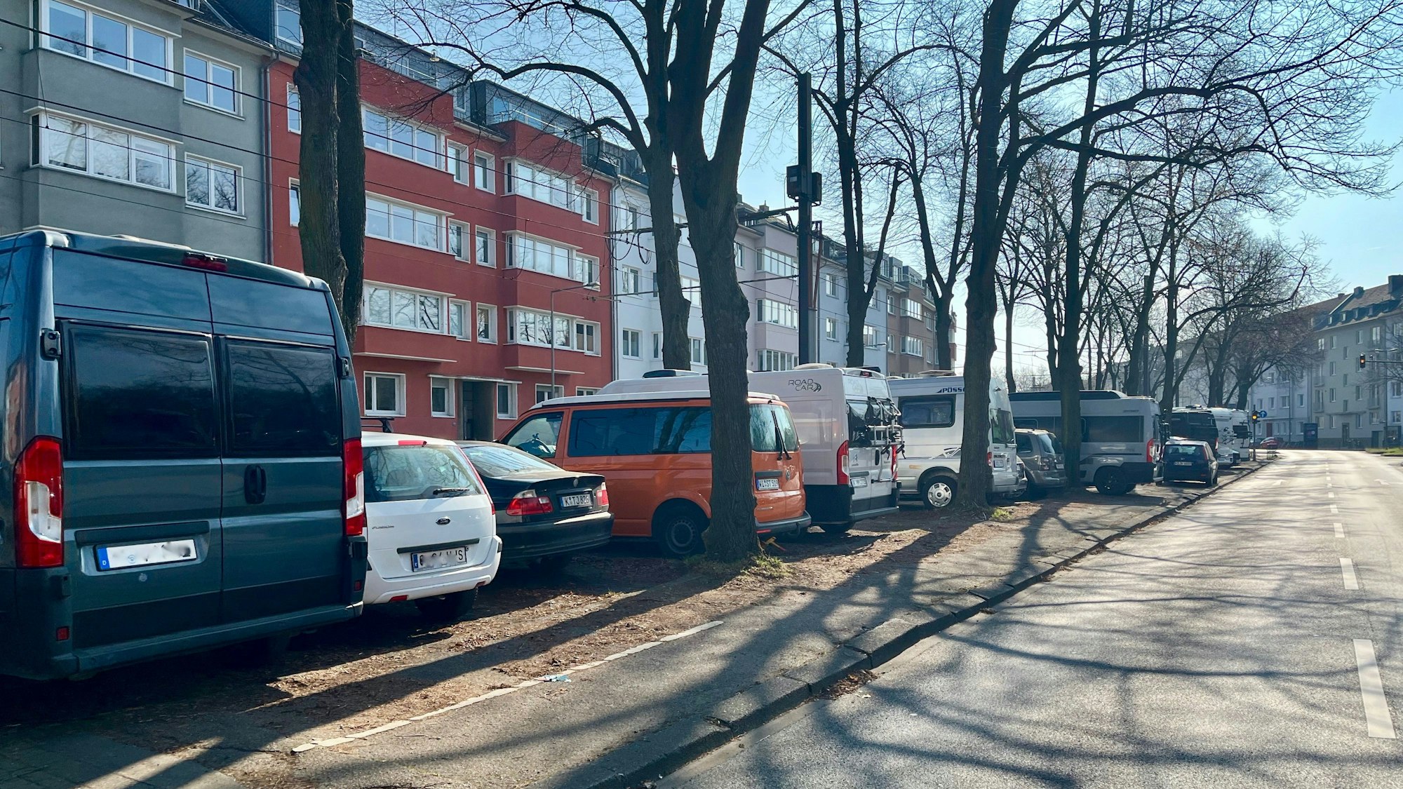 Auf dem Mittelstreifen des Sülzgürtels stehen viele Wohnmobile.