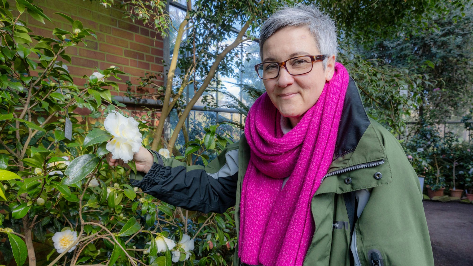Marina Tsaliki leitet den Botanischen Garten in Köln. Jede Kamelien-Blüte sei ein Unikat und beeindrucke sie mit der „prallen Wucht ihrer Blüh-Explosion“.
