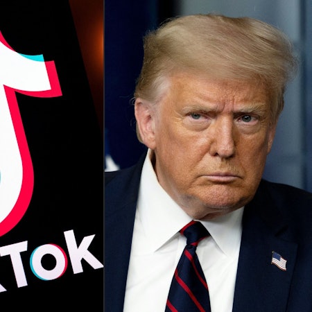 Das Foto zeigt eine Bildmontage aus dem Logo der App Tiktok und einem Bild des US-Präsidenten Donald Trump. Foto: Lionel Bonaventure und Jim Watson / AFP