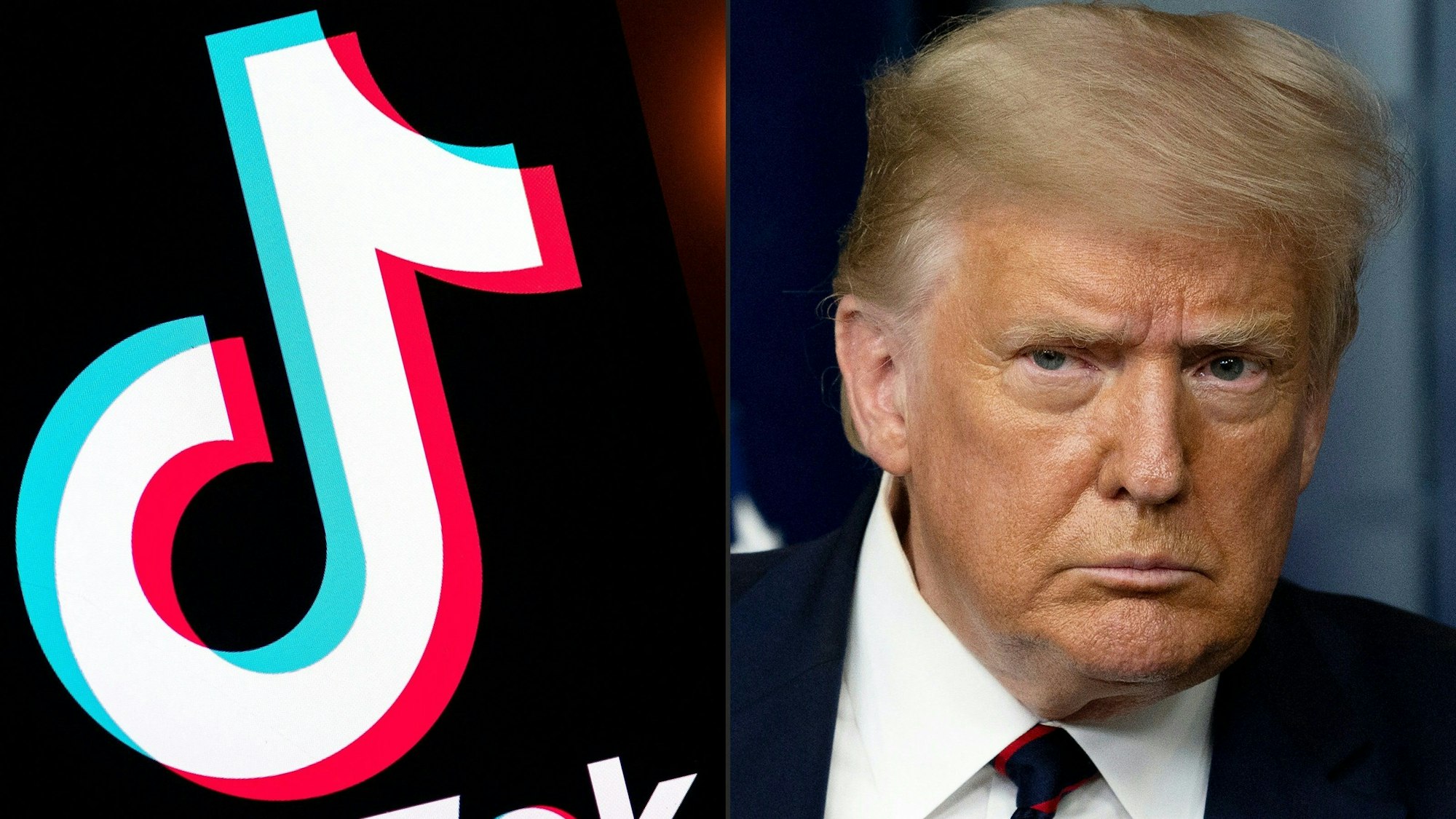 Das Foto zeigt eine Bildmontage aus dem Logo der App Tiktok und einem Bild des US-Präsidenten Donald Trump. Foto: Lionel Bonaventure und Jim Watson / AFP