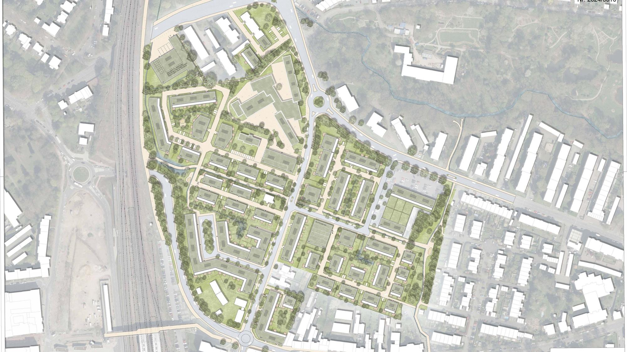 Eine Stadtkarte zeigt eine Bebauungsvariante für ein Plangebiet.