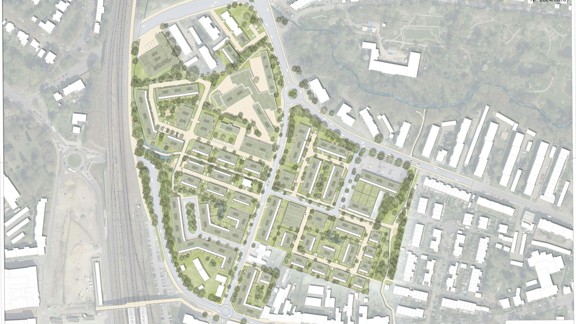 Eine Stadtkarte zeigt eine Bebauungsvariante für ein Plangebiet.