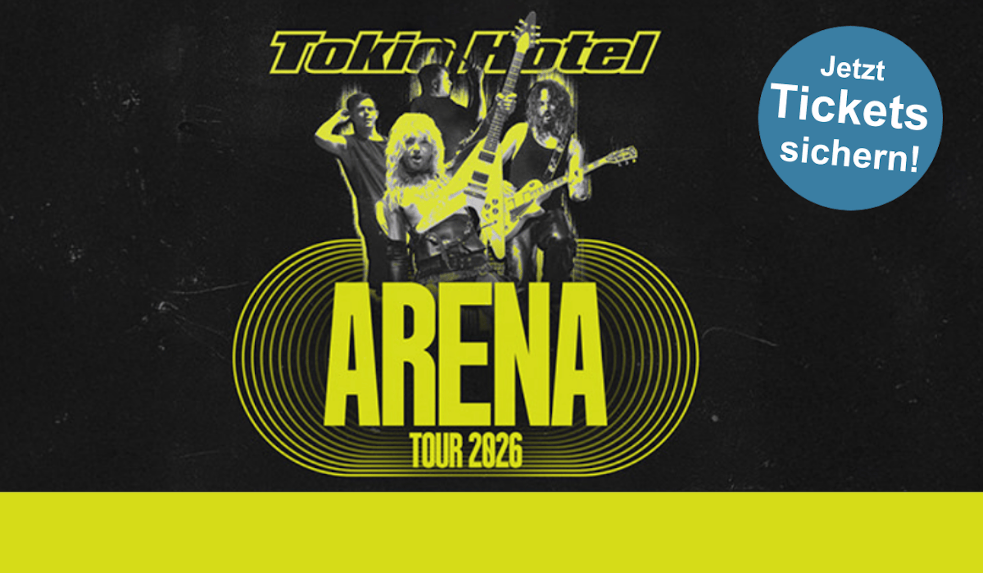 Bild der Tokio Hotel Band mit der Werbung für die Arena Tour 2026.