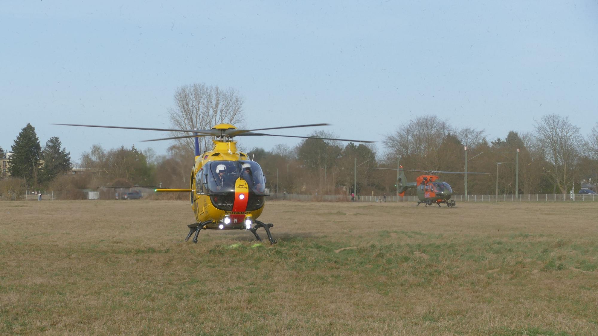 Zwei Hubschrauber stehen auf einem Feld.