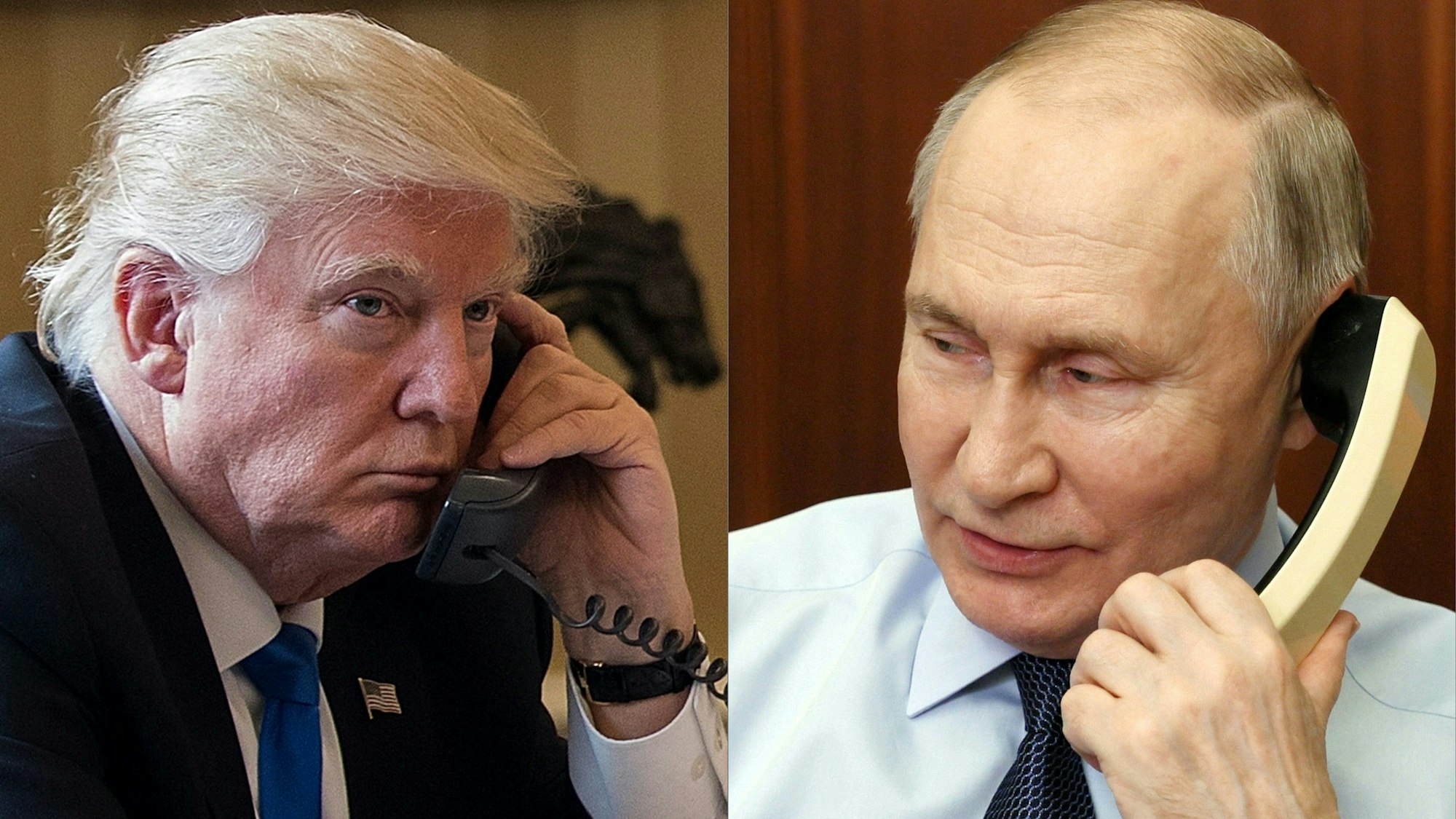Die Bild-Kombination zeigt US-Präsident Donald Trump und Kremlchef Wladimir Putin am Telefon. (Archivbild)