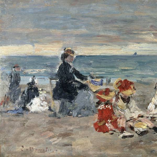 Gestrichelte Menschen sitzen in Kleidern an einem Strand.