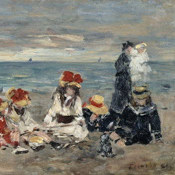 Gestrichelte Menschen sitzen in Kleidern an einem Strand.