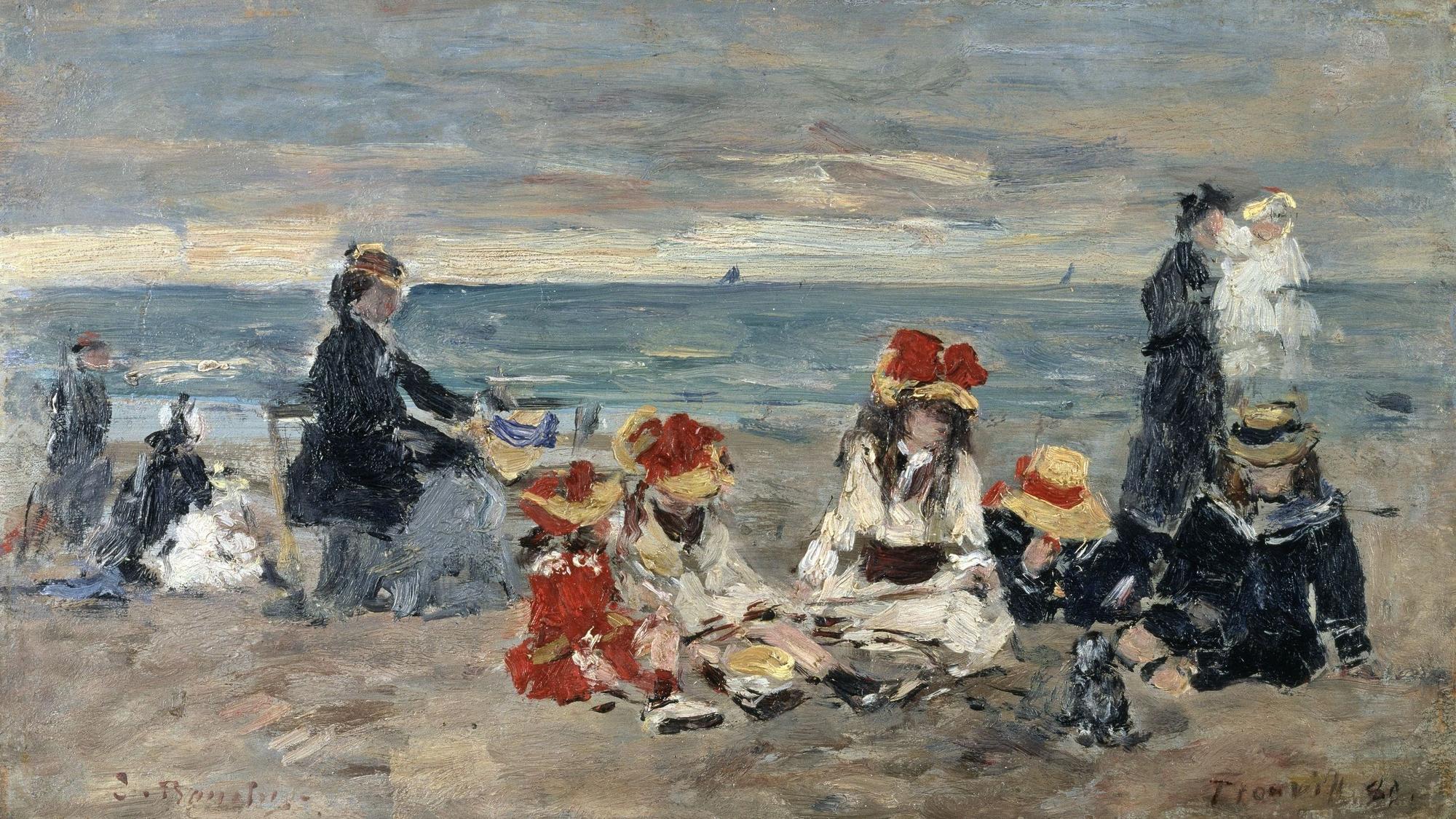 Gestrichelte Menschen sitzen in Kleidern an einem Strand.