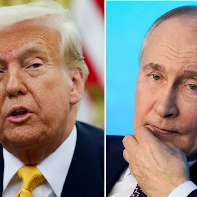 ARCHIV - 14.03.2025, ---: Die Kombo aus Archivbildern zeigt US-Präsident Donald Trump (l) im Oval Office des Weißen Hauses am 07.03.2025 und den russischen Präsidenten Wladimir Putin während eines Technologieforums in Moskau am 21.02.2025. (zu dpa: «Trump und Putin bringen Eishockeyspiele ins Gespräch») Foto: Pavel Bednyakov/AP/Pool via AP/dpa +++ dpa-Bildfunk +++