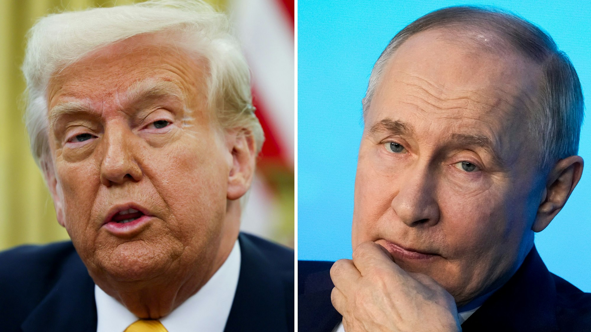 ARCHIV - 14.03.2025, ---: Die Kombo aus Archivbildern zeigt US-Präsident Donald Trump (l) im Oval Office des Weißen Hauses am 07.03.2025 und den russischen Präsidenten Wladimir Putin während eines Technologieforums in Moskau am 21.02.2025. (zu dpa: «Trump und Putin bringen Eishockeyspiele ins Gespräch») Foto: Pavel Bednyakov/AP/Pool via AP/dpa +++ dpa-Bildfunk +++