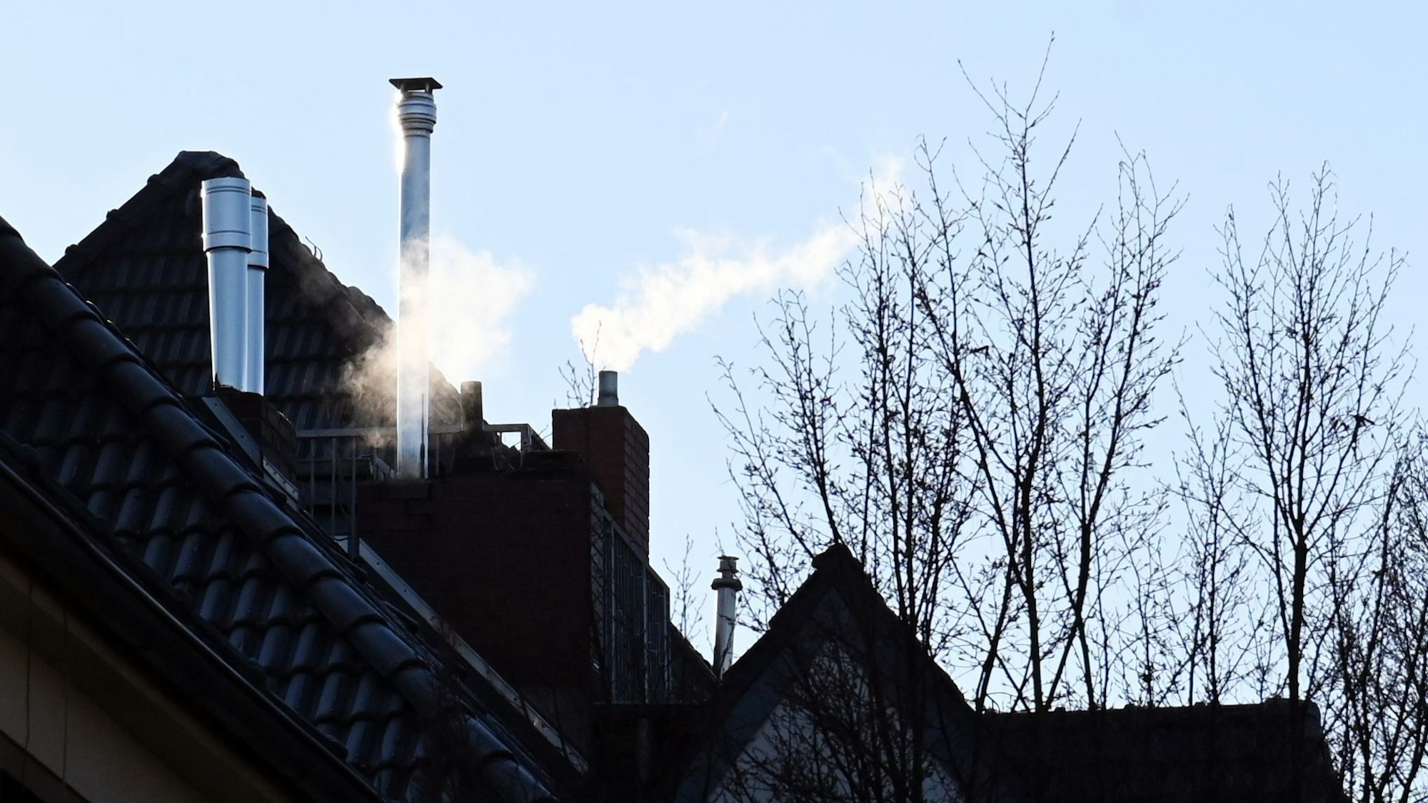 13.01.2025 Köln. Dampf oder Rauch kommen aus Kaminen und Schornsteinen in Köln. Seit dem Jahreswechsel dürfen alte Kaminöfen nicht mehr betrieben werden. Zudem gibt es Berichte, dass die Schadstoffbelastung mit Feinstaub durch Holzöfen auch in Wohngebieten besonders hoch ist. Die Eichstraße. Foto: Alexander Schwaiger