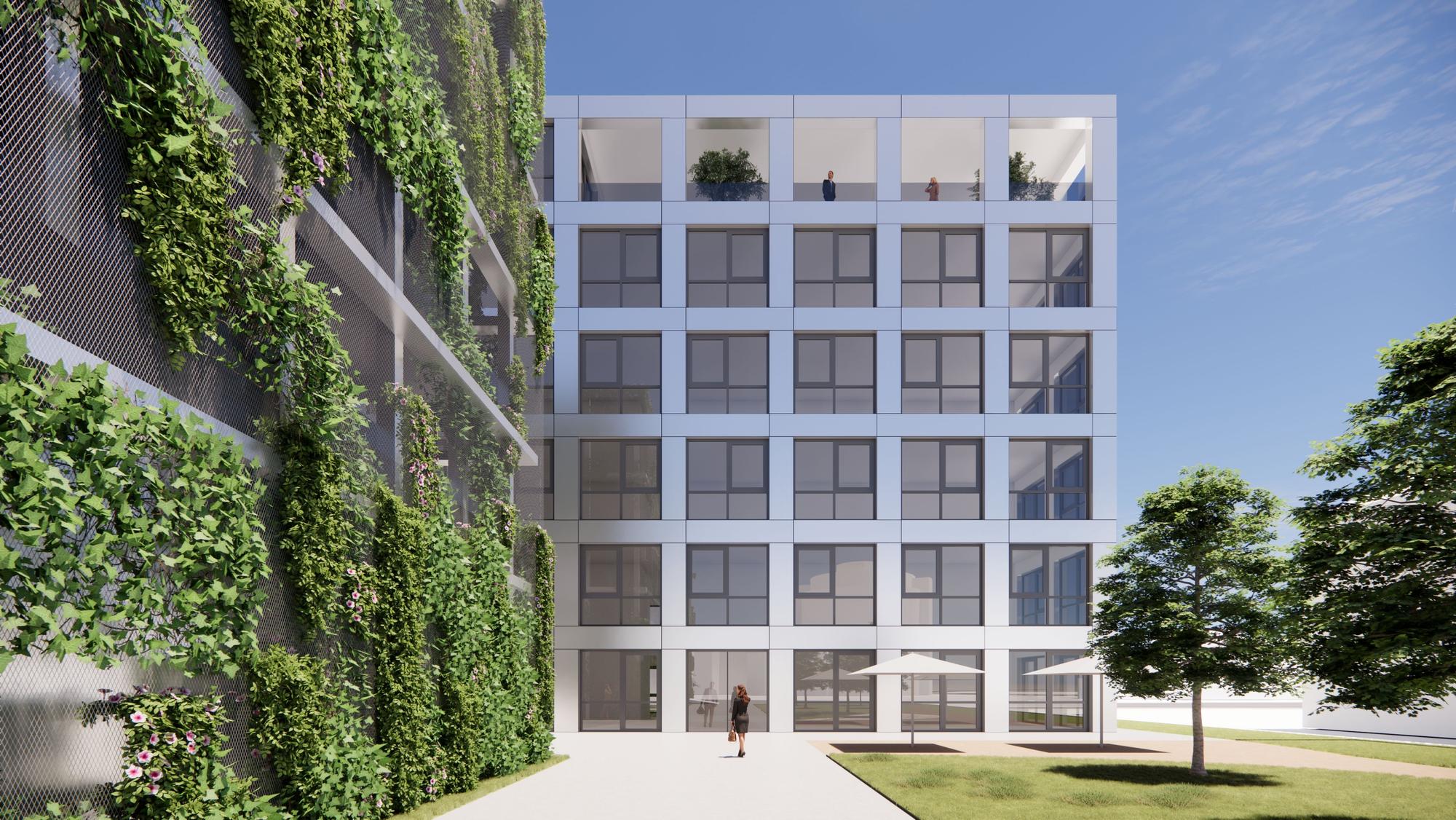 So soll es im nächsten Jahr aussehen: Links das begrünte Parkhaus, rechts das Verwaltungsgebäude von Bechtle in Sankt Augustin.