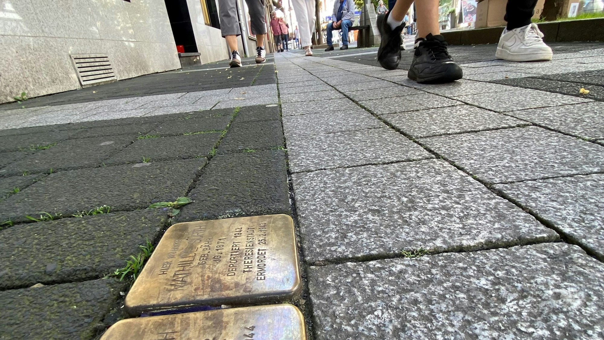 Auf dem Foto sind so genannte Stolpersteine zu sehen, die in den Bürgersteig eingelassen worden sind. Die goldenen Steine mit Inschrift erinnern an Jüdinnen und Juden, die dort gelebt haben.