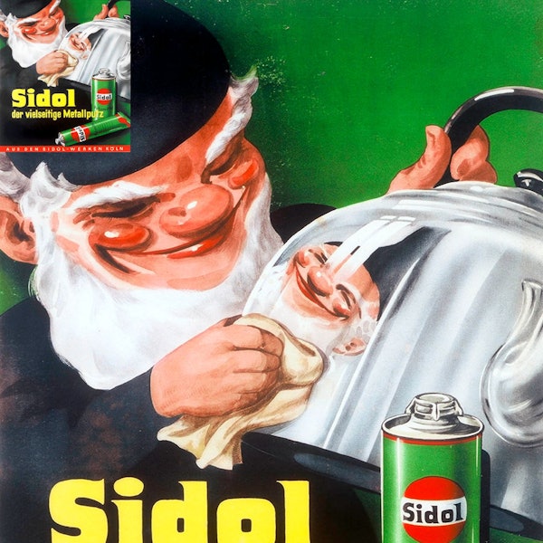 Eine Werbeanzeige aus den 1960er Jahren, die eine grüne Tube Sidol zeigt und den Slogan "Sidol, der vielseitige Metallputz" trägt.