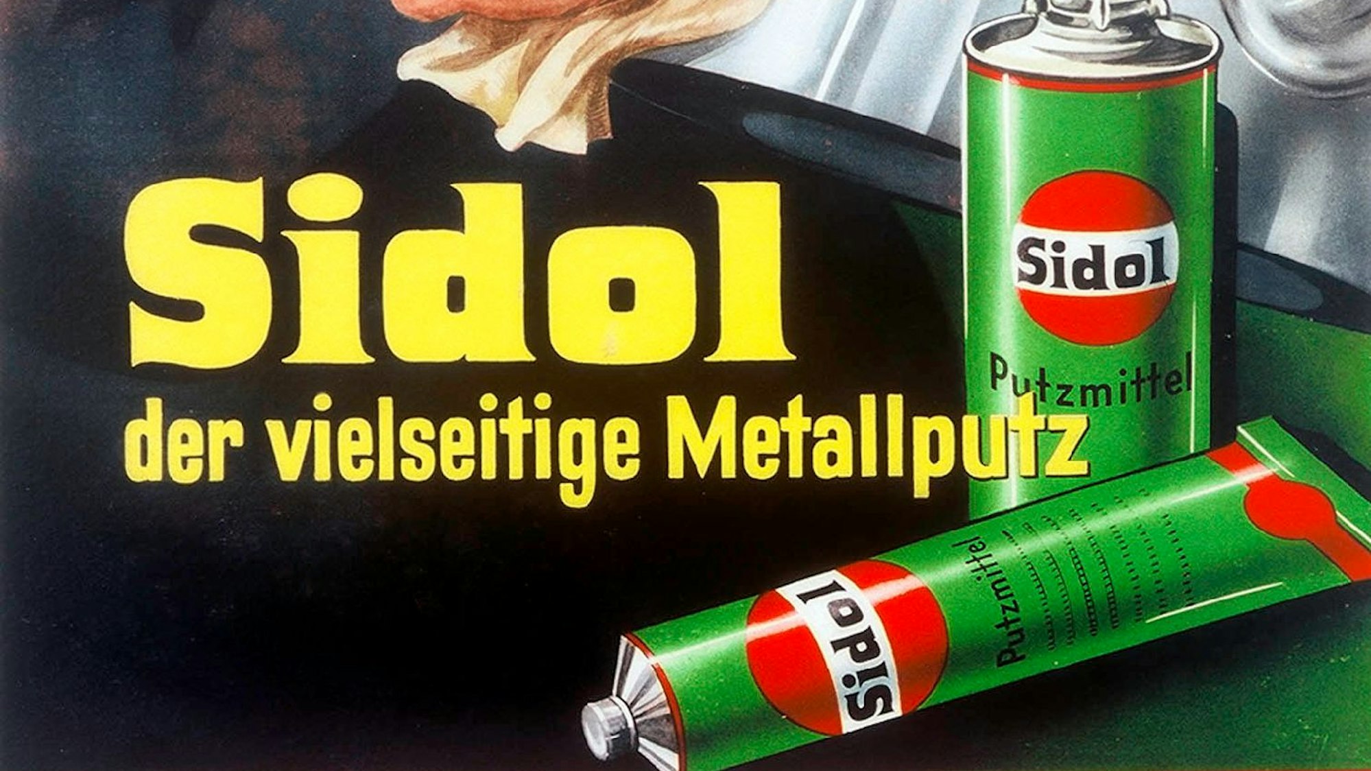 Eine Werbeanzeige aus den 1960er Jahren, die eine grüne Tube Sidol zeigt und den Slogan "Sidol, der vielseitige Metallputz" trägt.